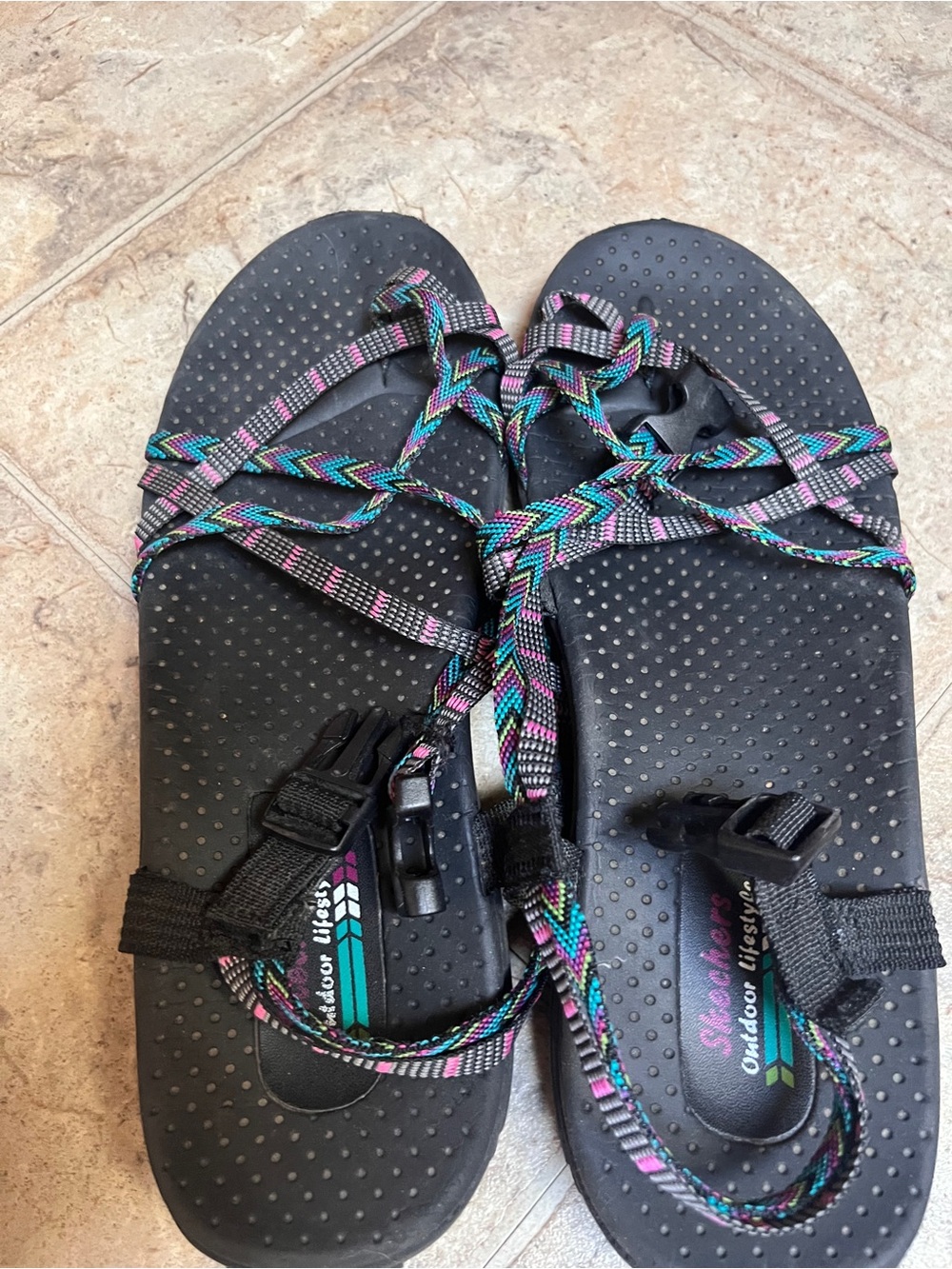 Skechers Black Sandals with Teal Purple Pink Chevron Straps - Picture 4 of 4